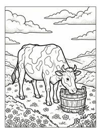 Cow Drinking Water Bucket In Hills