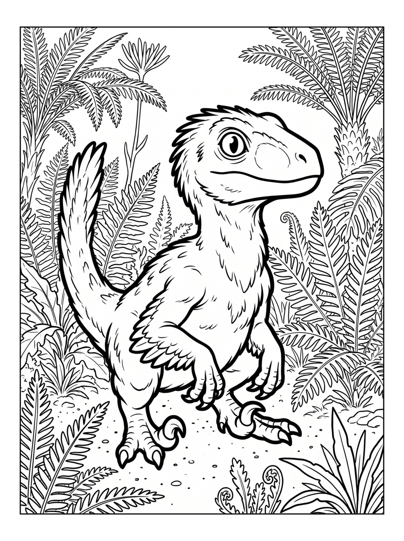 Baby Velociraptor Squatting In Fern Forest