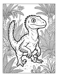 Baby Velociraptor Squatting In Fern Forest