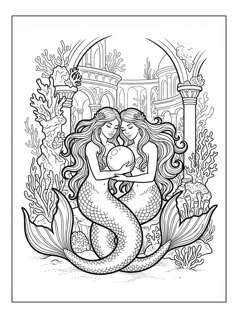Twin Mermaids Holding Pearl Underwater Palace