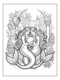 Twin Mermaids Holding Pearl Underwater Palace