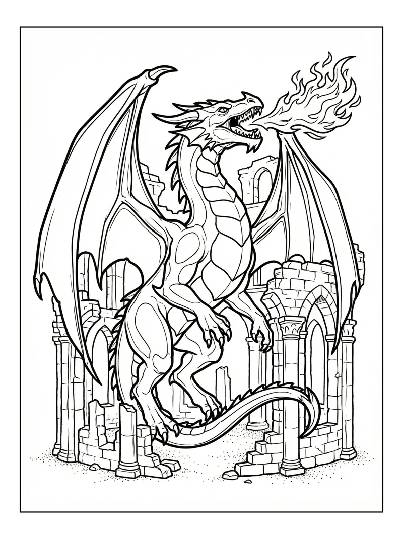 Ice Dragon Breathing Fire Ancient Ruins