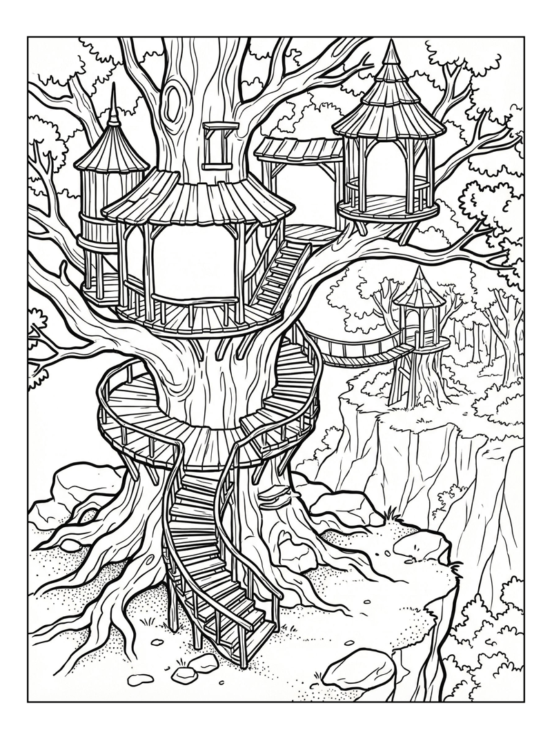 Coloring page of Magical Treehouse Nestled On Cliffside Edge