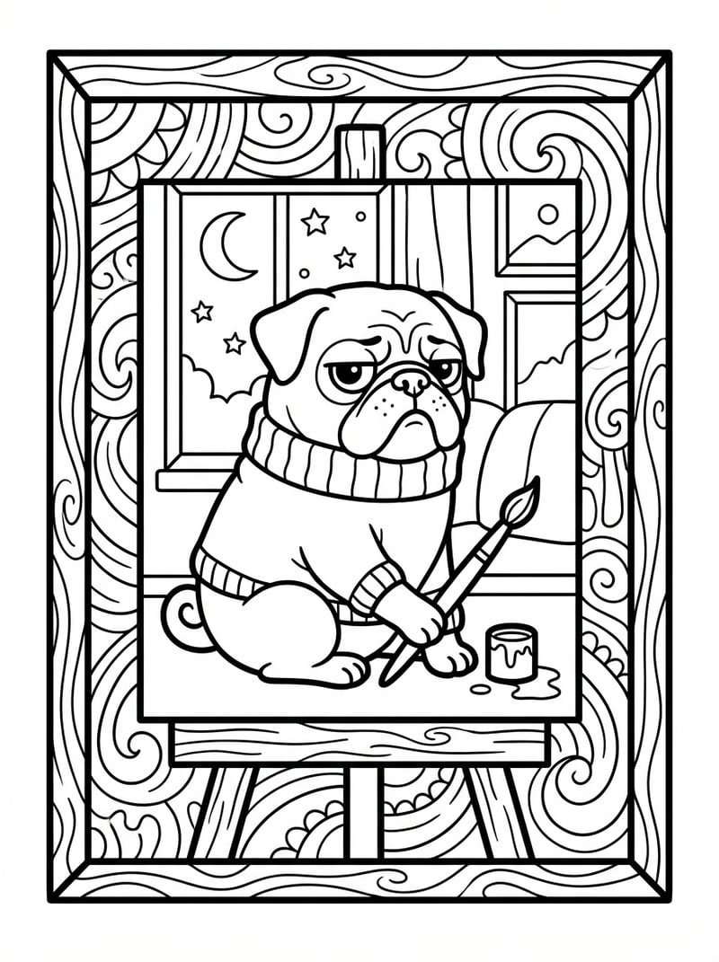 Grumpy Pug in a Home Painting