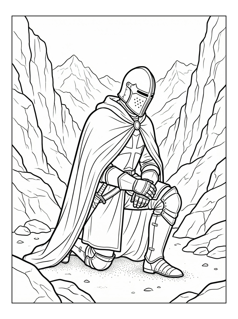 Knight Templar Kneeling In Mountain Pass
