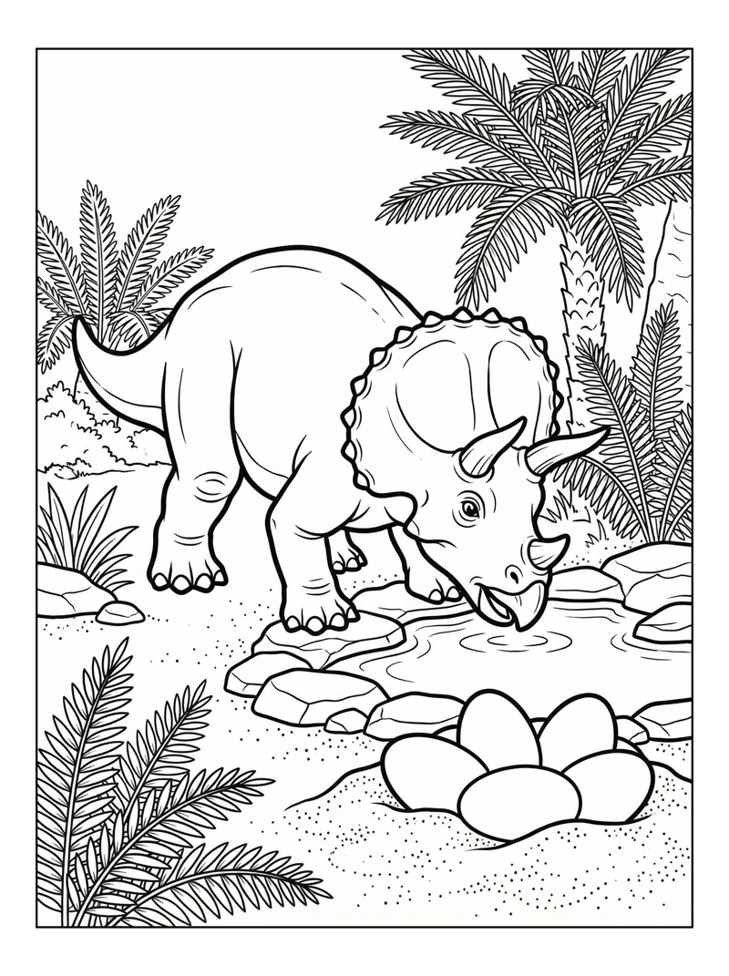 Triceratops Drinking Near Dinosaur Eggs