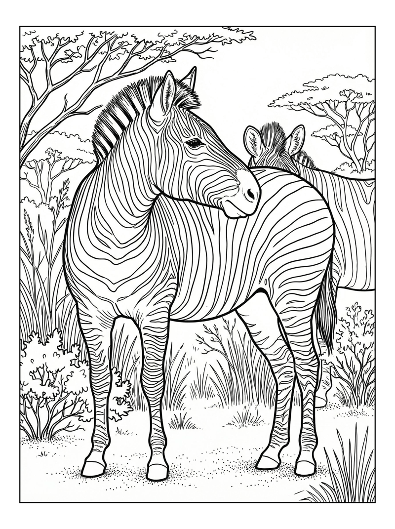 Coloring page of Grevy's Zebra Nuzzling In Savanna