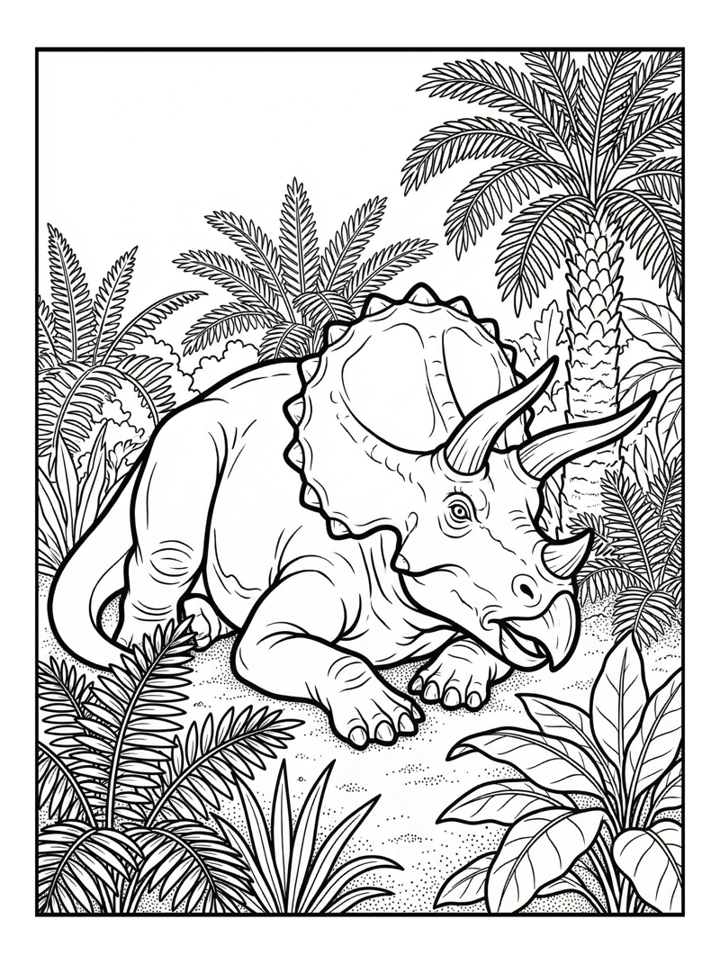 Triceratops Resting In Prehistoric Jungle