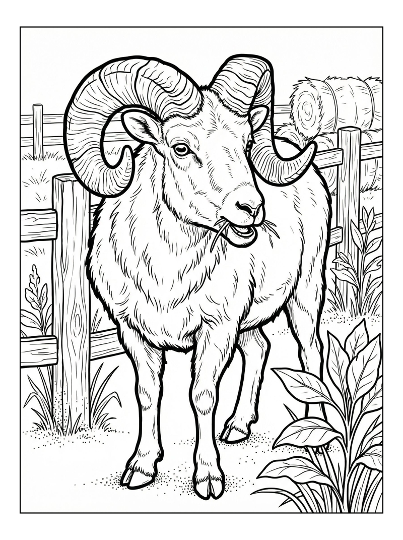 Bighorn Sheep Chewing In Farmyard