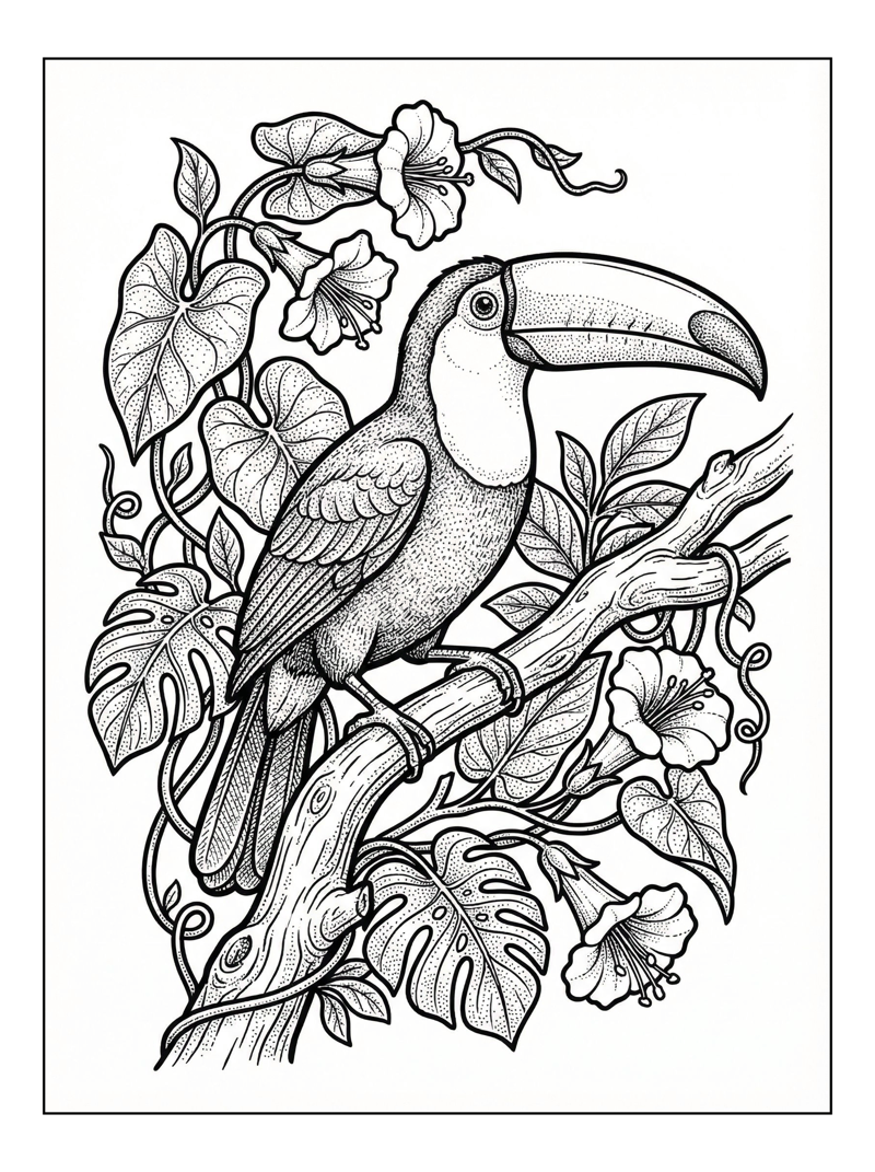 Toucan Sits On Branch With Tropical Leaves