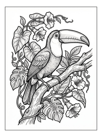 Toucan Sits On Branch With Tropical Leaves