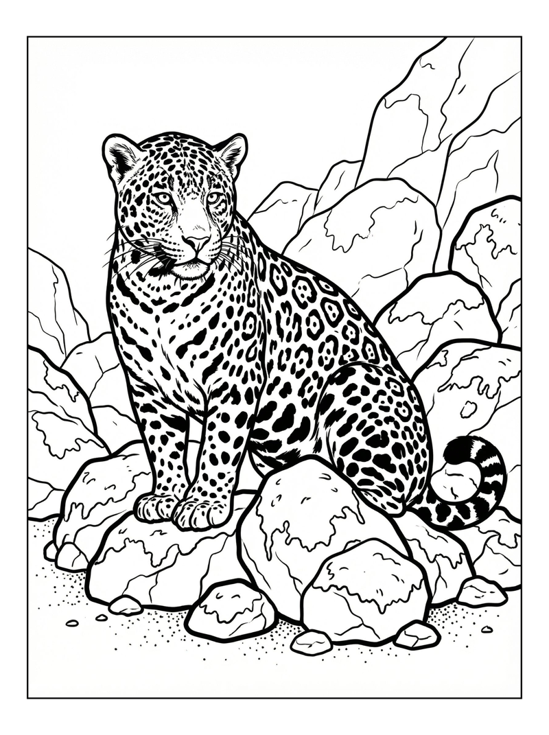 Spotted Jaguar Sitting Among Rocks