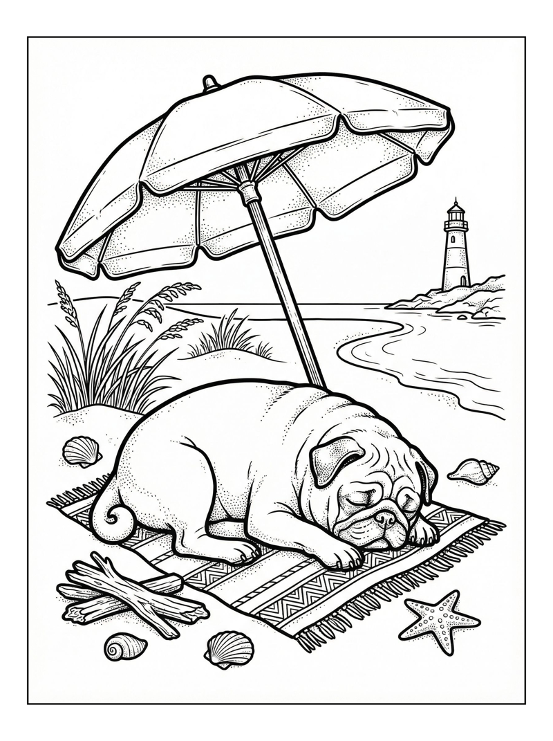 Coloring page of Pug Napping On Beach Under Umbrella
