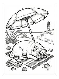 Pug Napping On Beach Under Umbrella