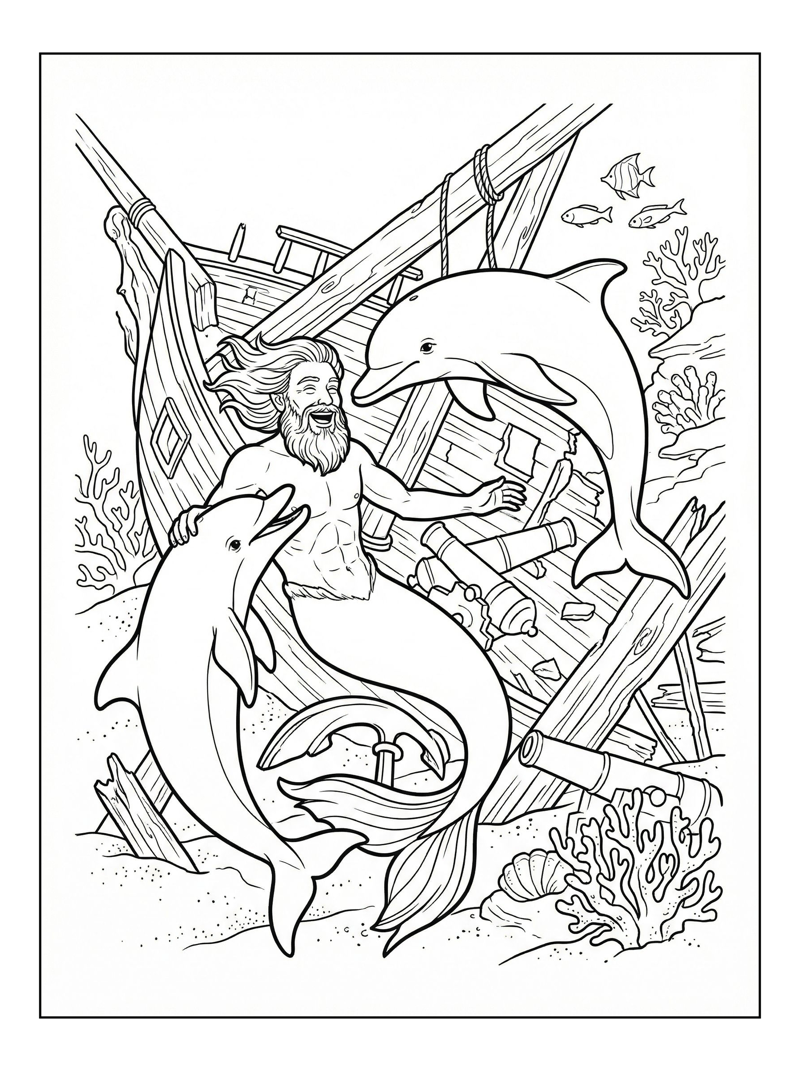 Merman Playing With Dolphins Shipwreck