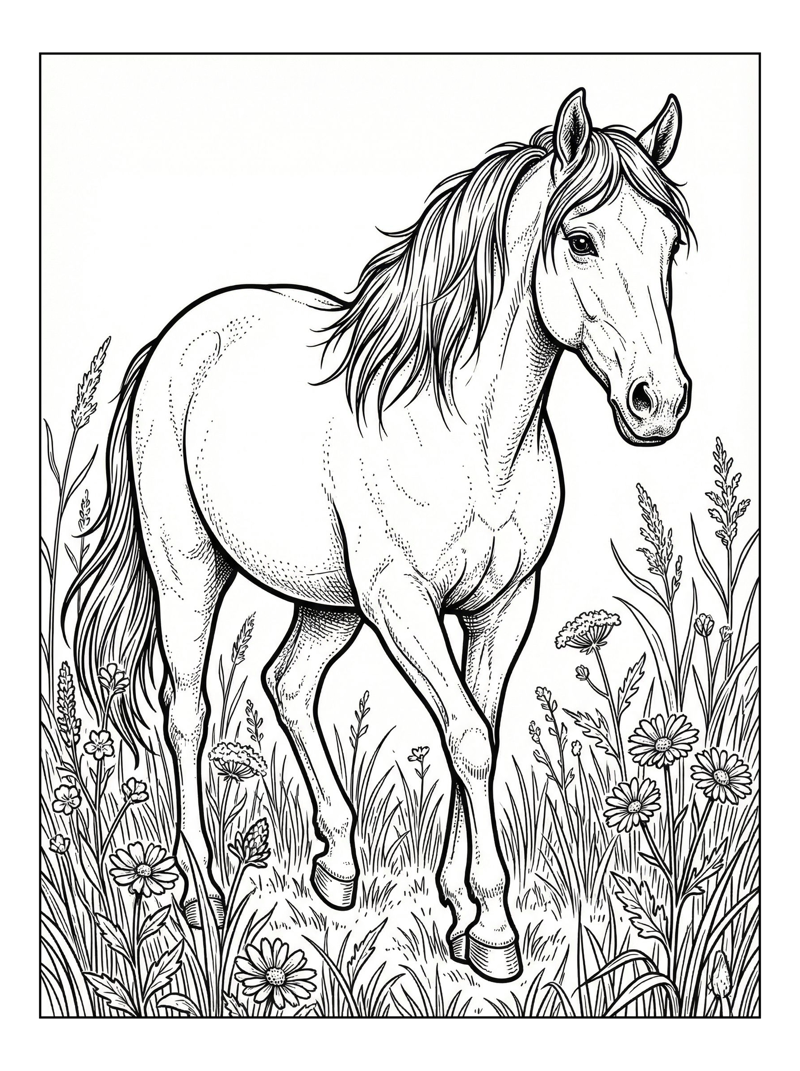 Horse Walks In Flower Field