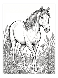 Horse Walks In Flower Field