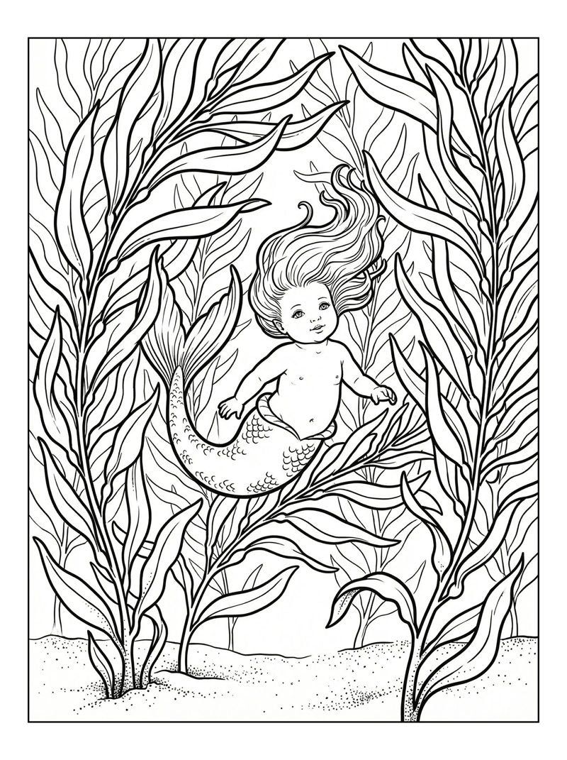 Baby Mermaid Floating In Kelp Forest