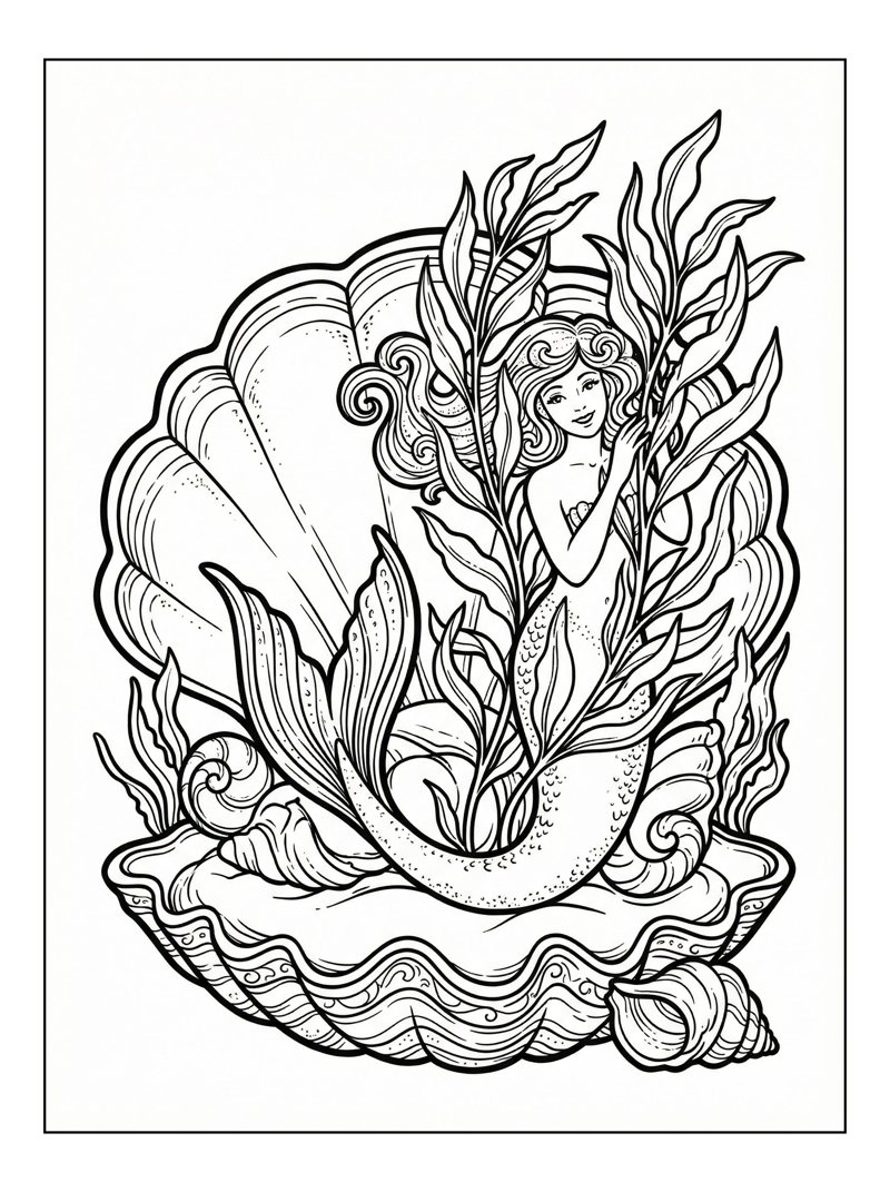 Mermaid Peeking Behind Kelp In Seashell