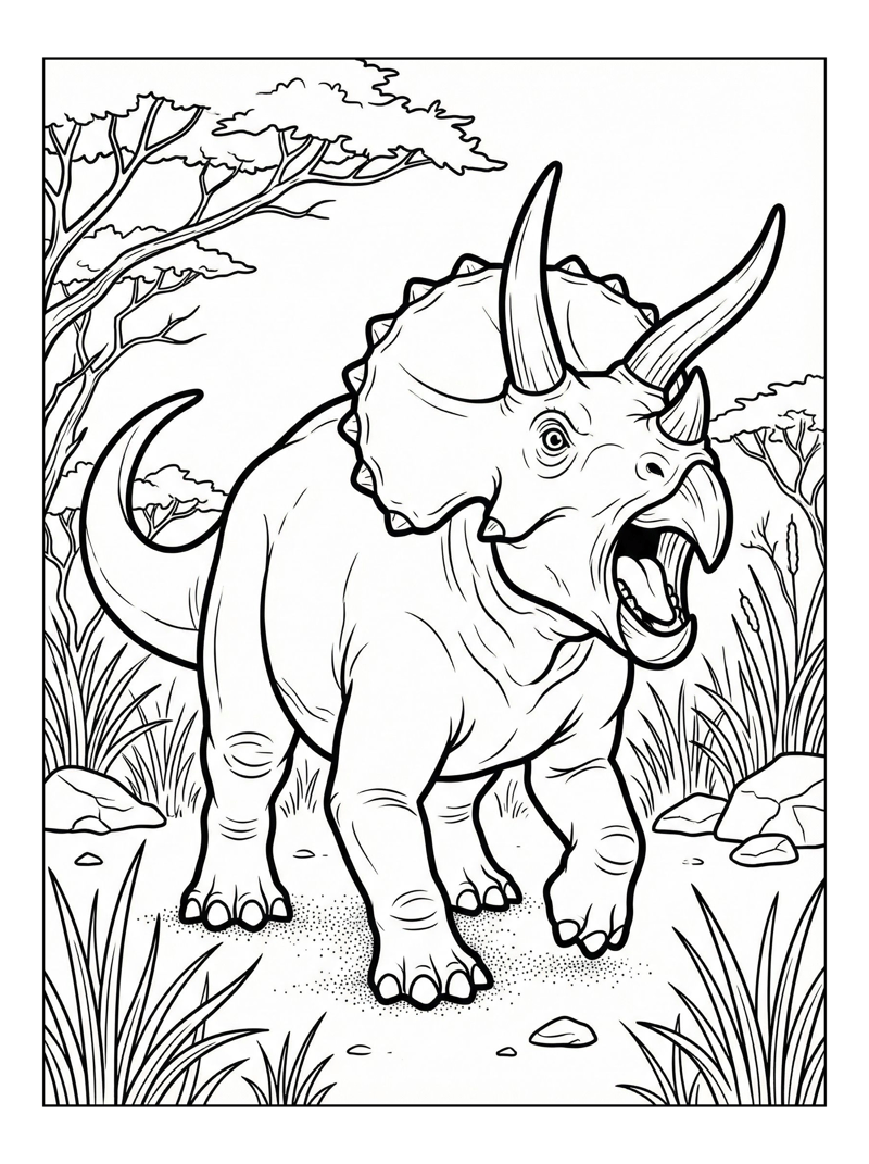 Juvenile Triceratops Roaring In Savannah