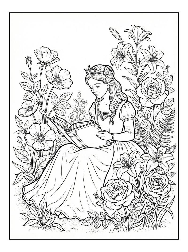 Royal Princess Reading In Flower Garden