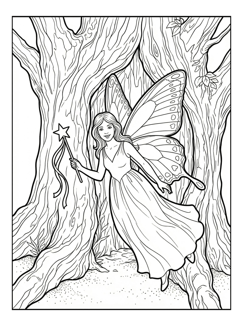 Butterfly Fairy Holding Magic Wand In Tree Trunk