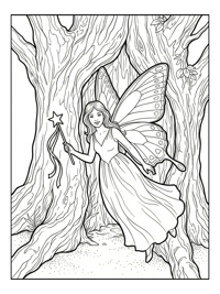 Butterfly Fairy Holding Magic Wand In Tree Trunk