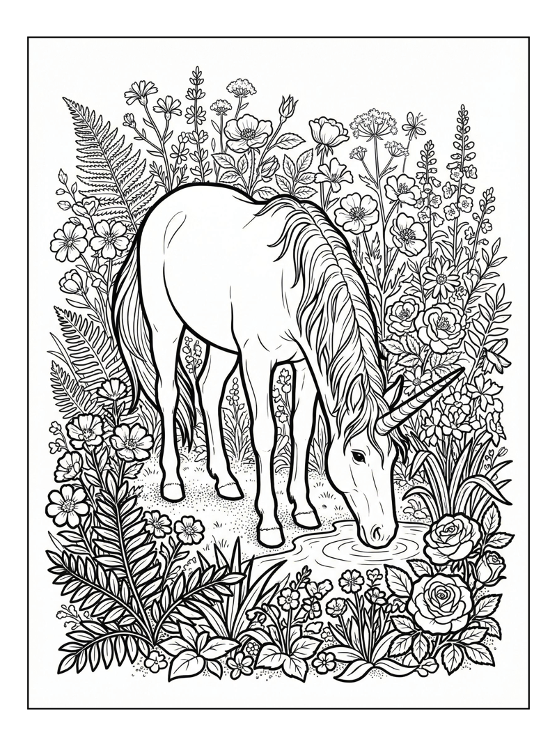 Unicorn Drinking Water In Flower Garden