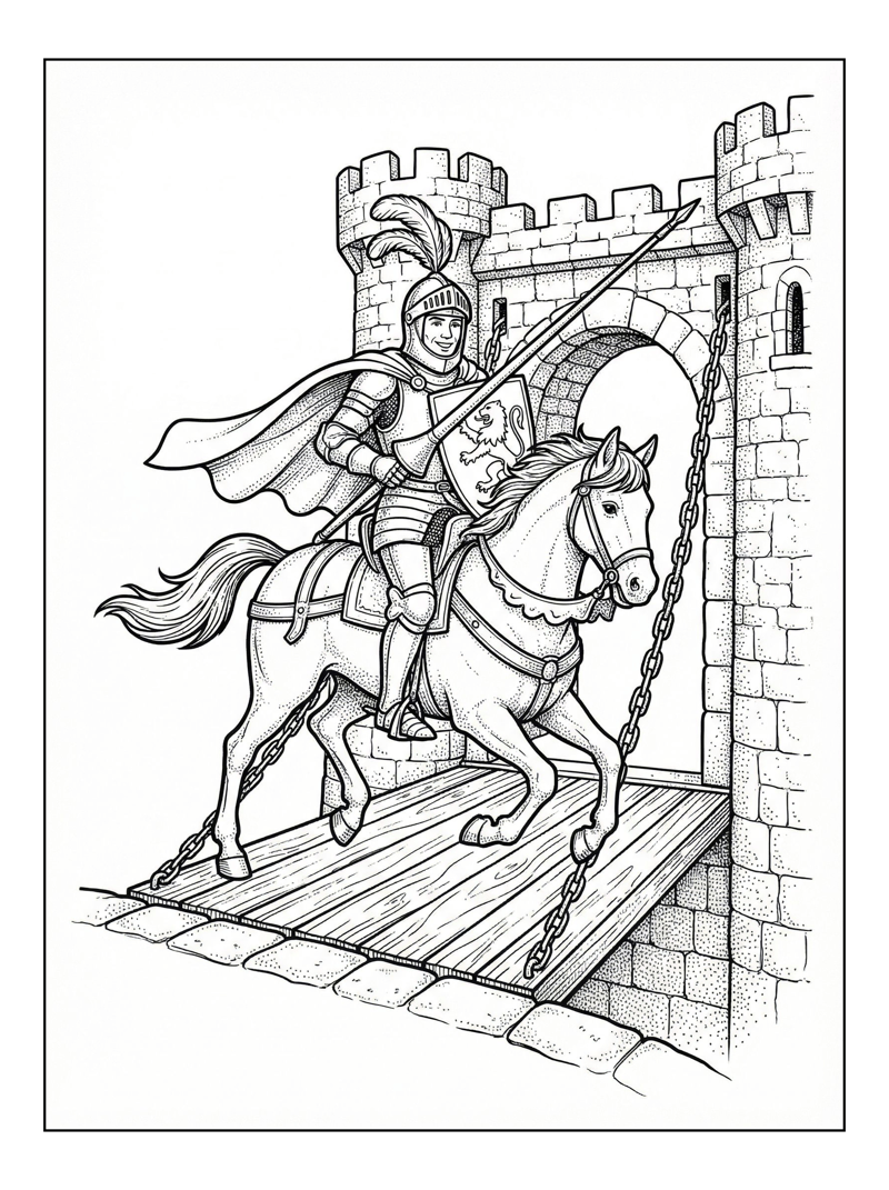 Knight Rides Galloping Horse Castle Drawbridge