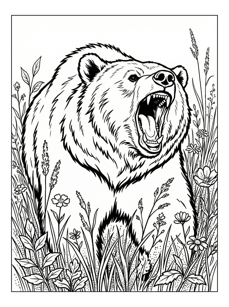 Brown Bear Roaring In Grassy Meadow