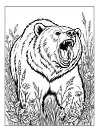 Brown Bear Roaring In Grassy Meadow