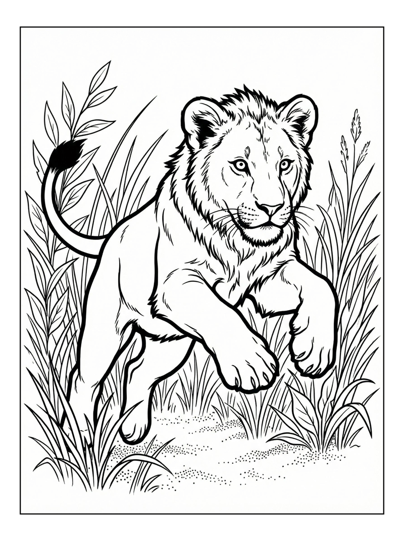 Lion Cub Jumping In Grasslands