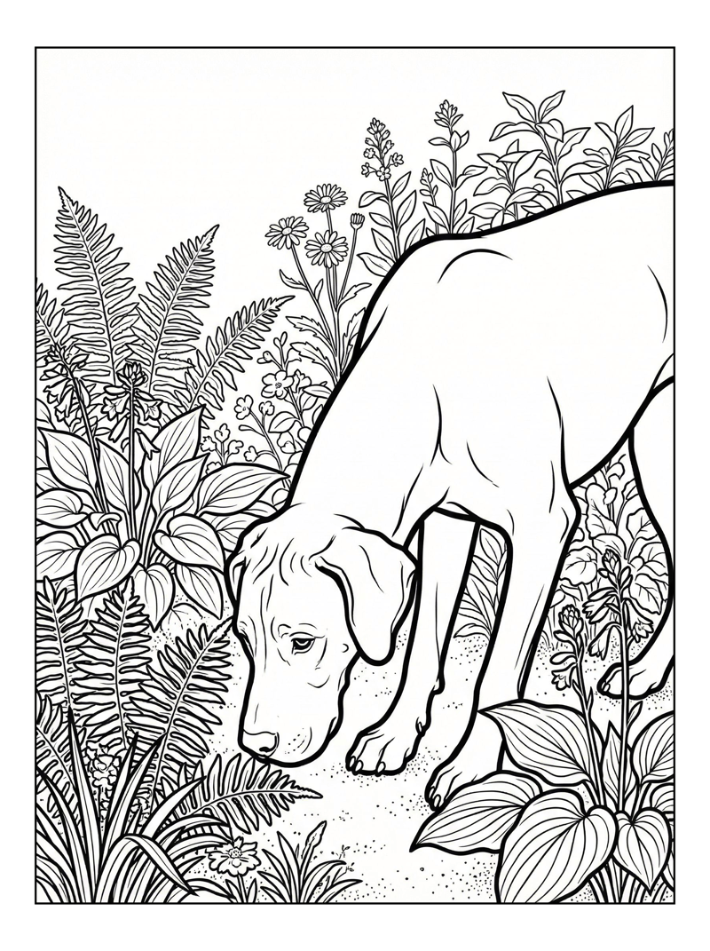 Great Dane Sniffing In Backyard Garden