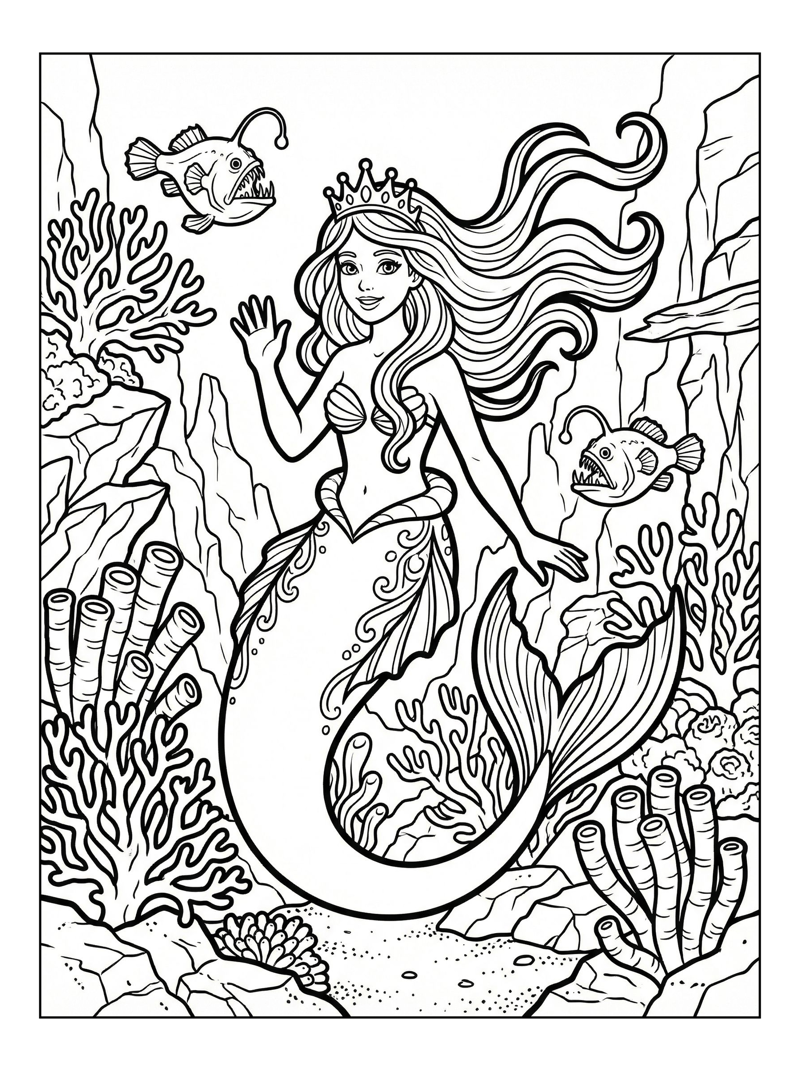 Mermaid Princess Waving In Deep Sea