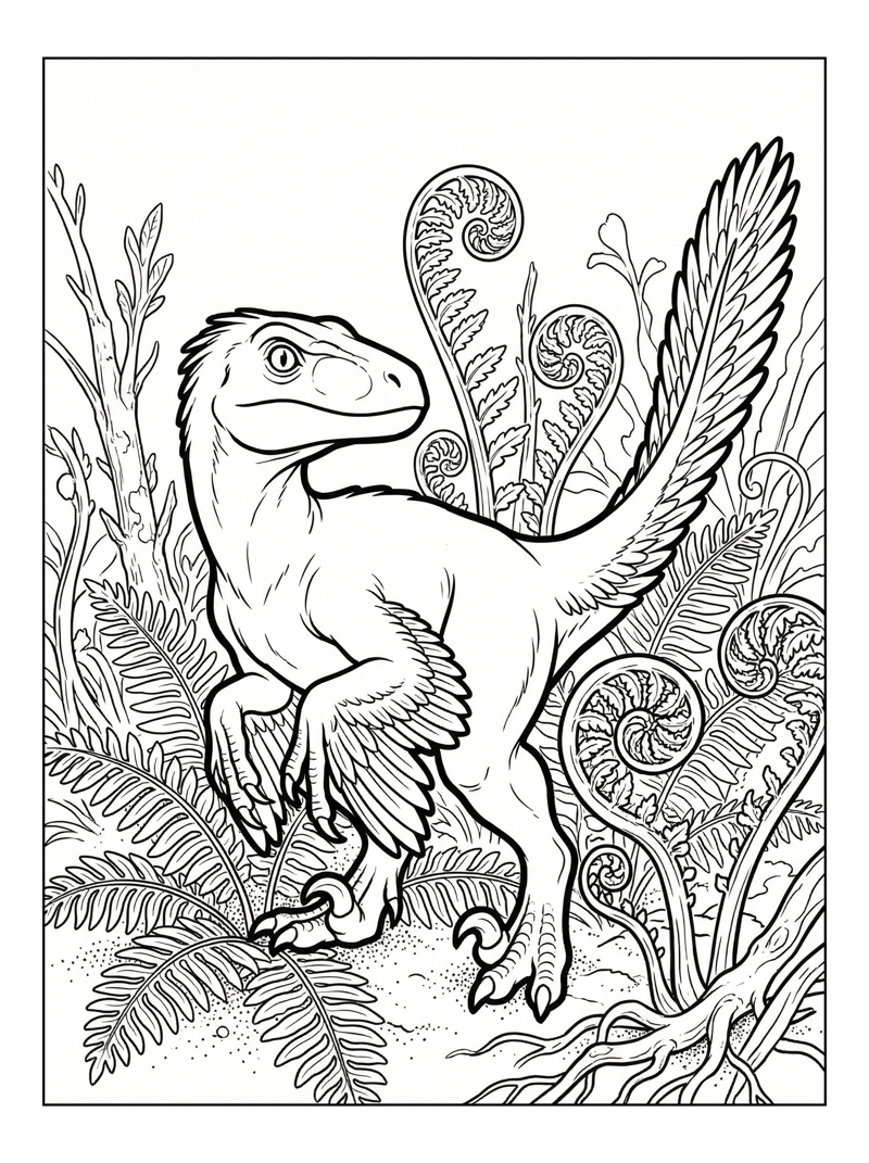 Velociraptor Squatting In Fern Forest