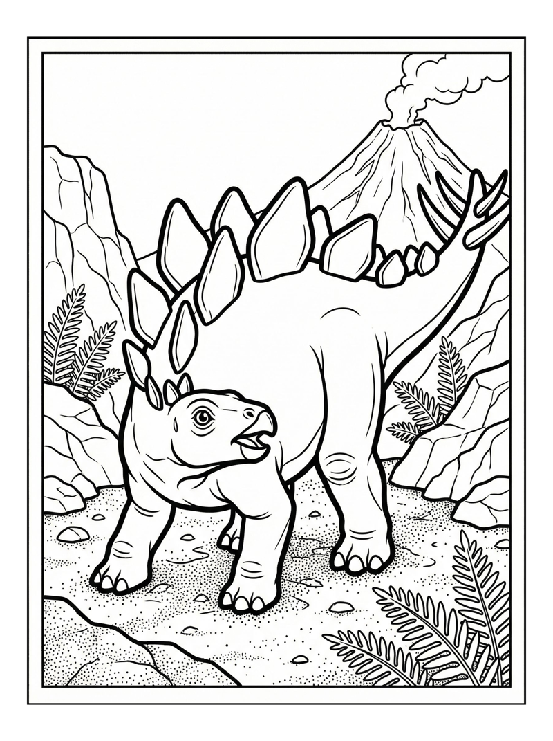Hatchling Stegosaurus Standing Volcanic Landscape