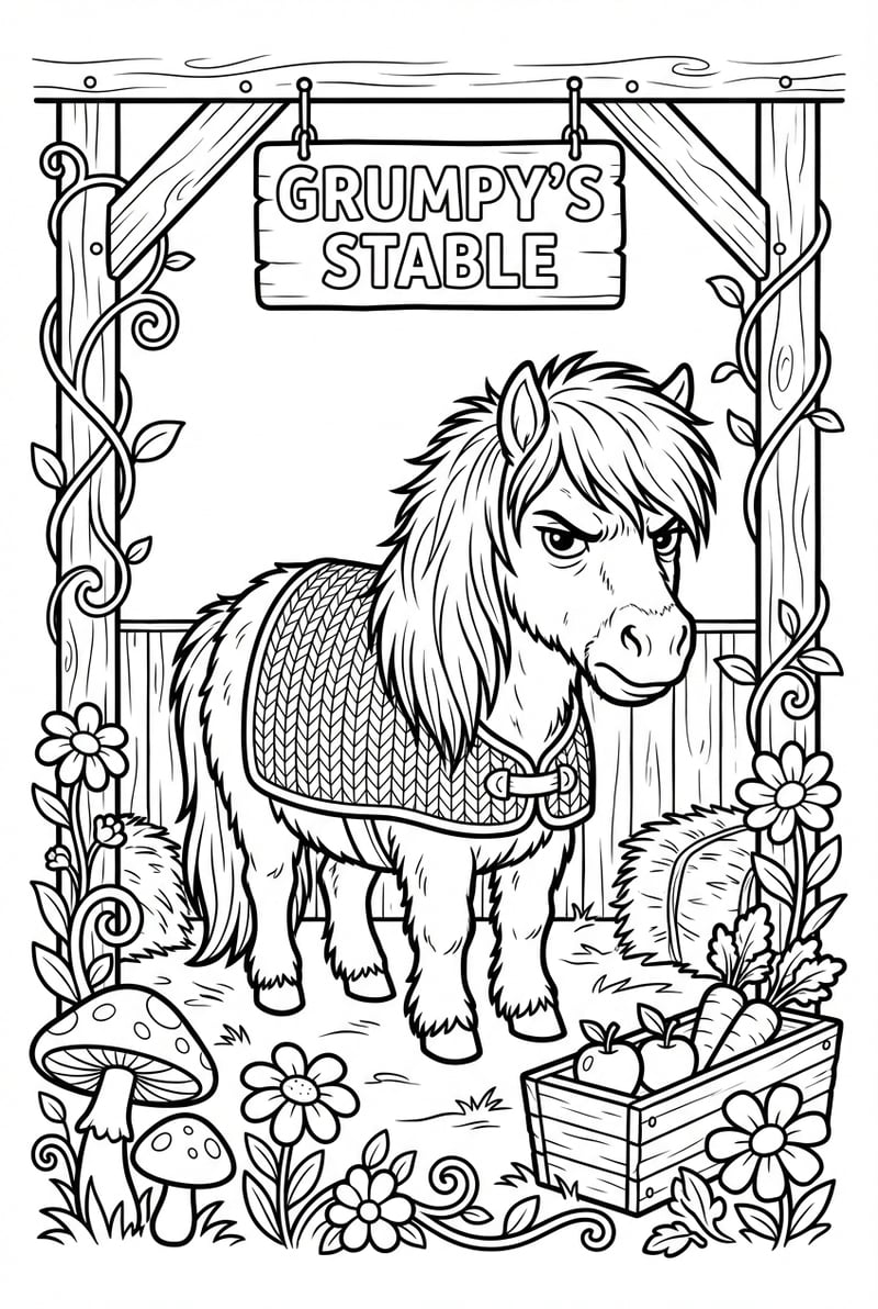 Grumpy Miniature Horse In Stable With Flowers