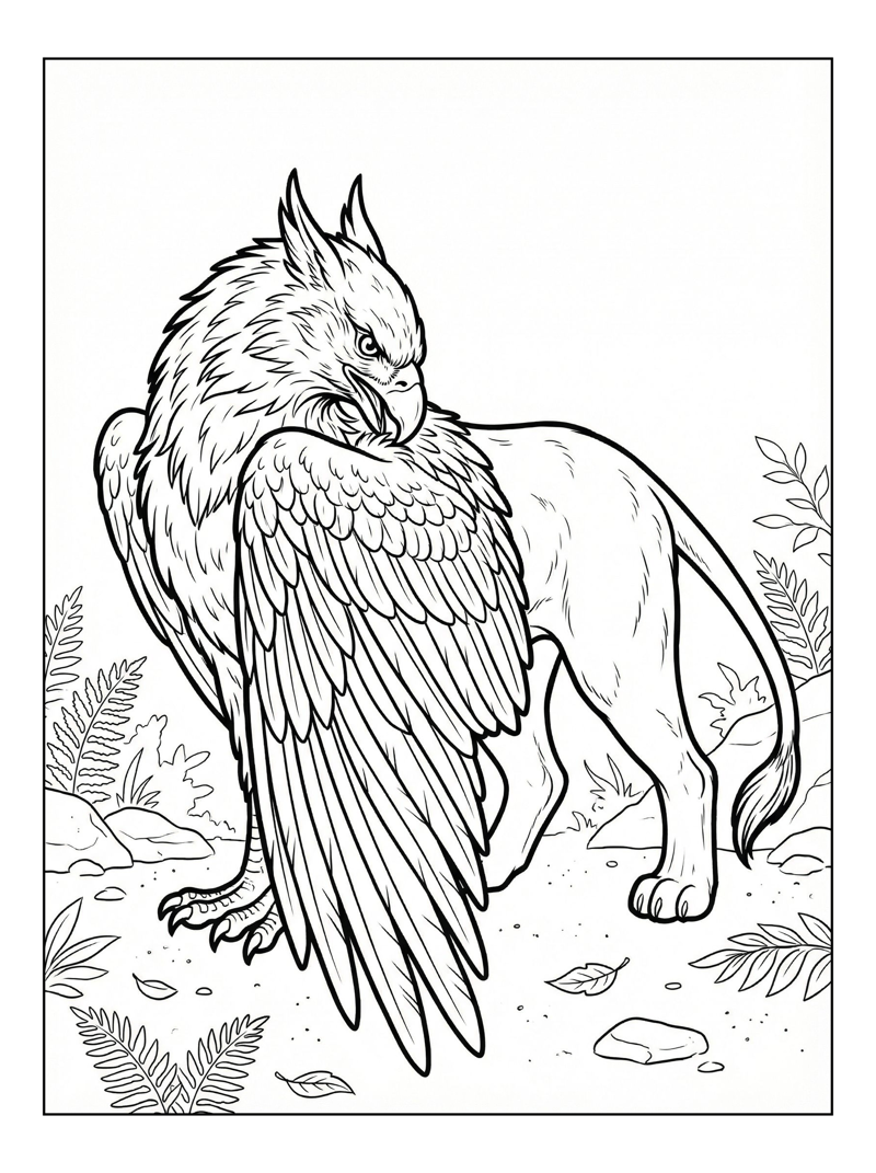 Griffin Grooming Feathers In Forest Clearing