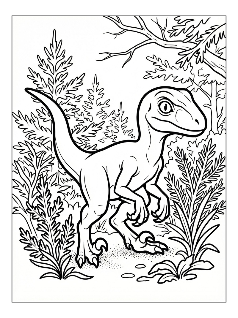 Baby Velociraptor Crouching In Forest