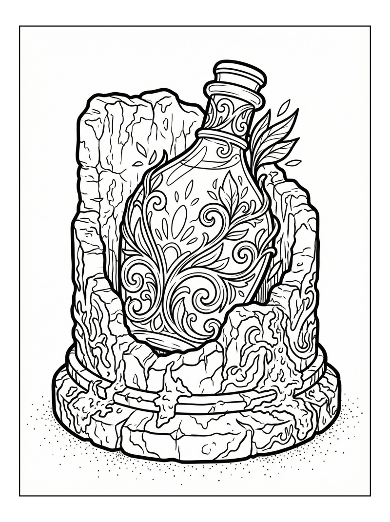 Ornate Bottle Resting On Stone Pedestal