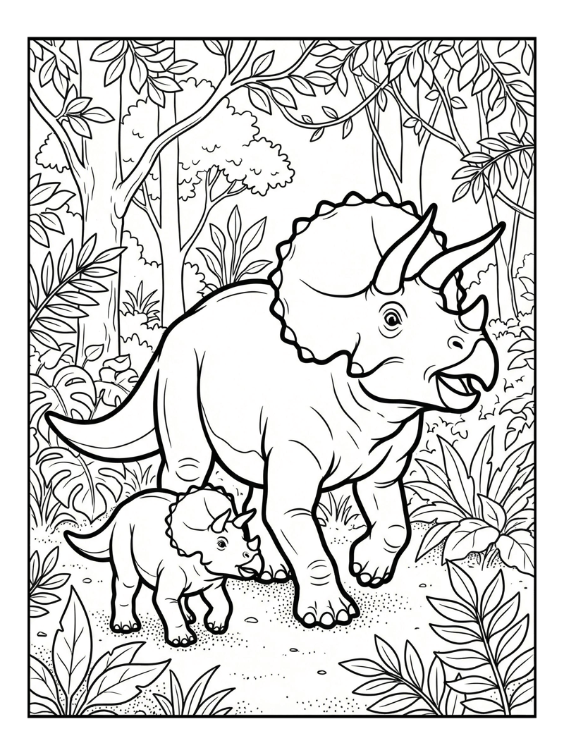 Triceratops Mother Baby Walking Forest