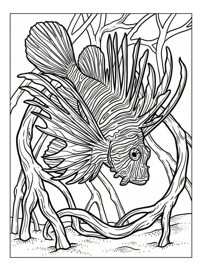 Lionfish Diving Among Mangrove Roots
