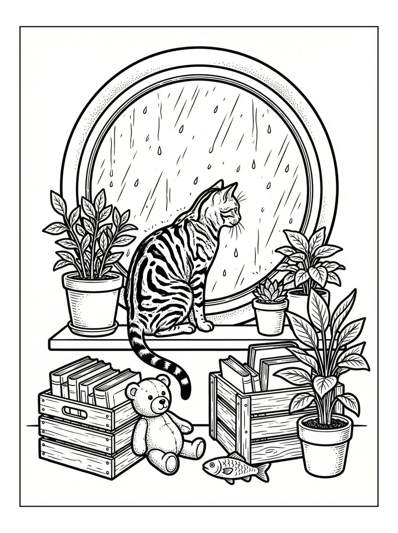 Bengal Cat Watching Rain By Window