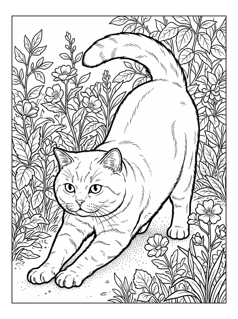 British Shorthair Cat Stretching In Garden