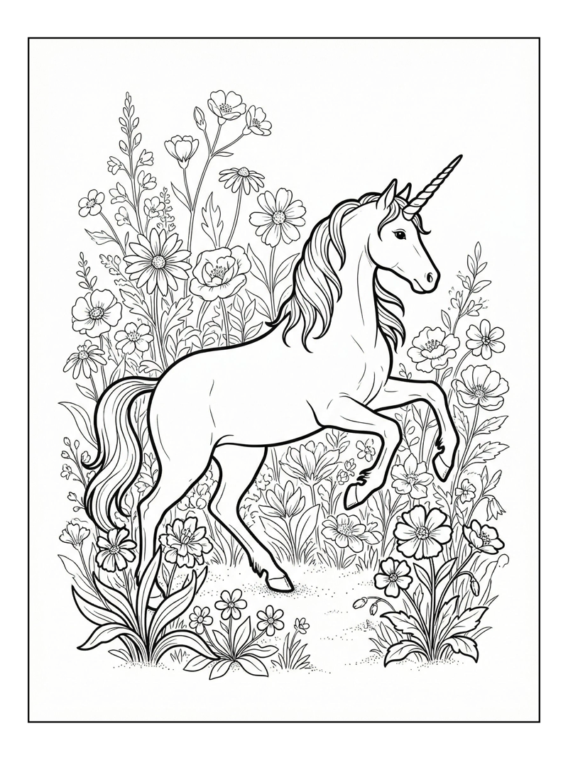 Unicorn Leaping In Flower Garden