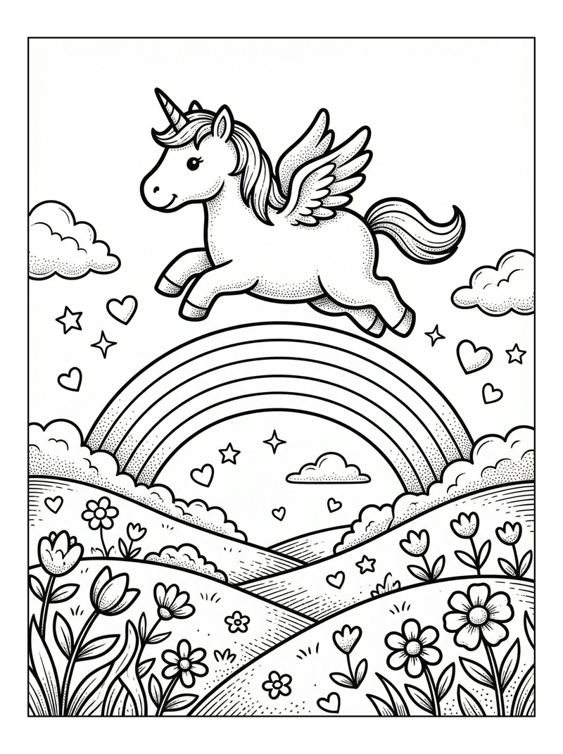 Unicorn Flying Over Rainbow Hills