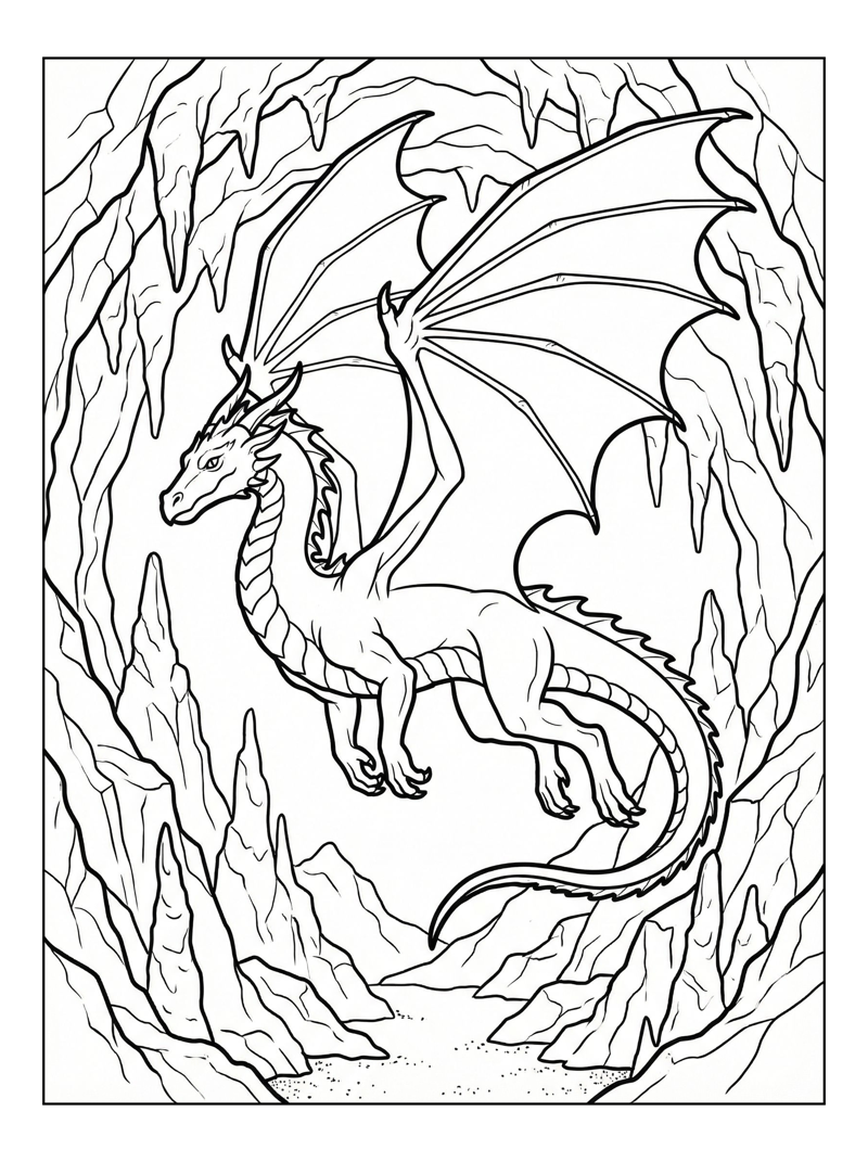 Mountain Dragon Gliding Through Deep Cave