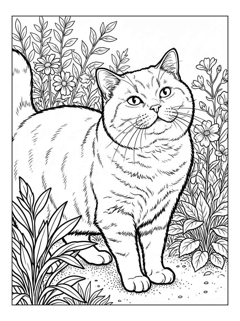 British Shorthair Cat Purring In Garden