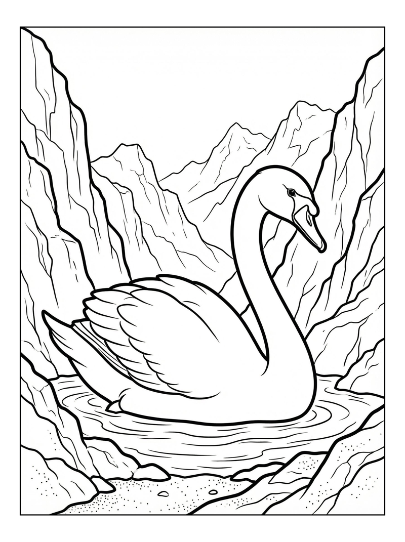 Swan Swimming Among Mountain Cliffs