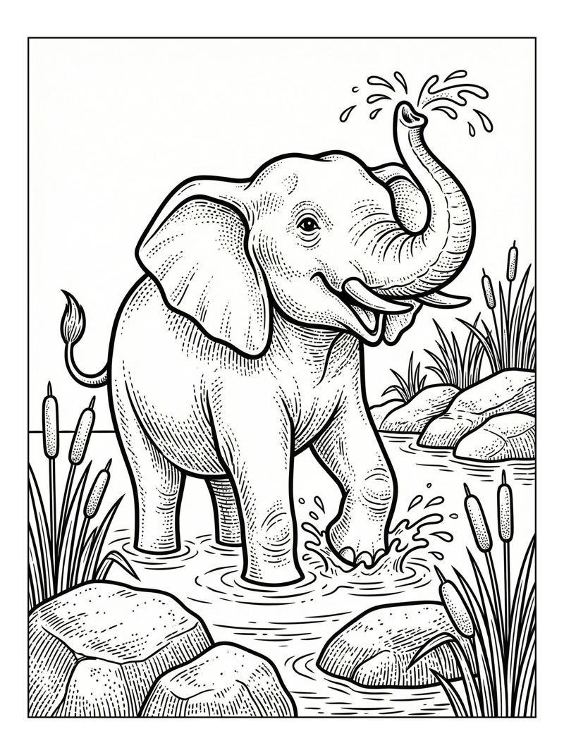 Elephant Splashing Water By Riverbank
